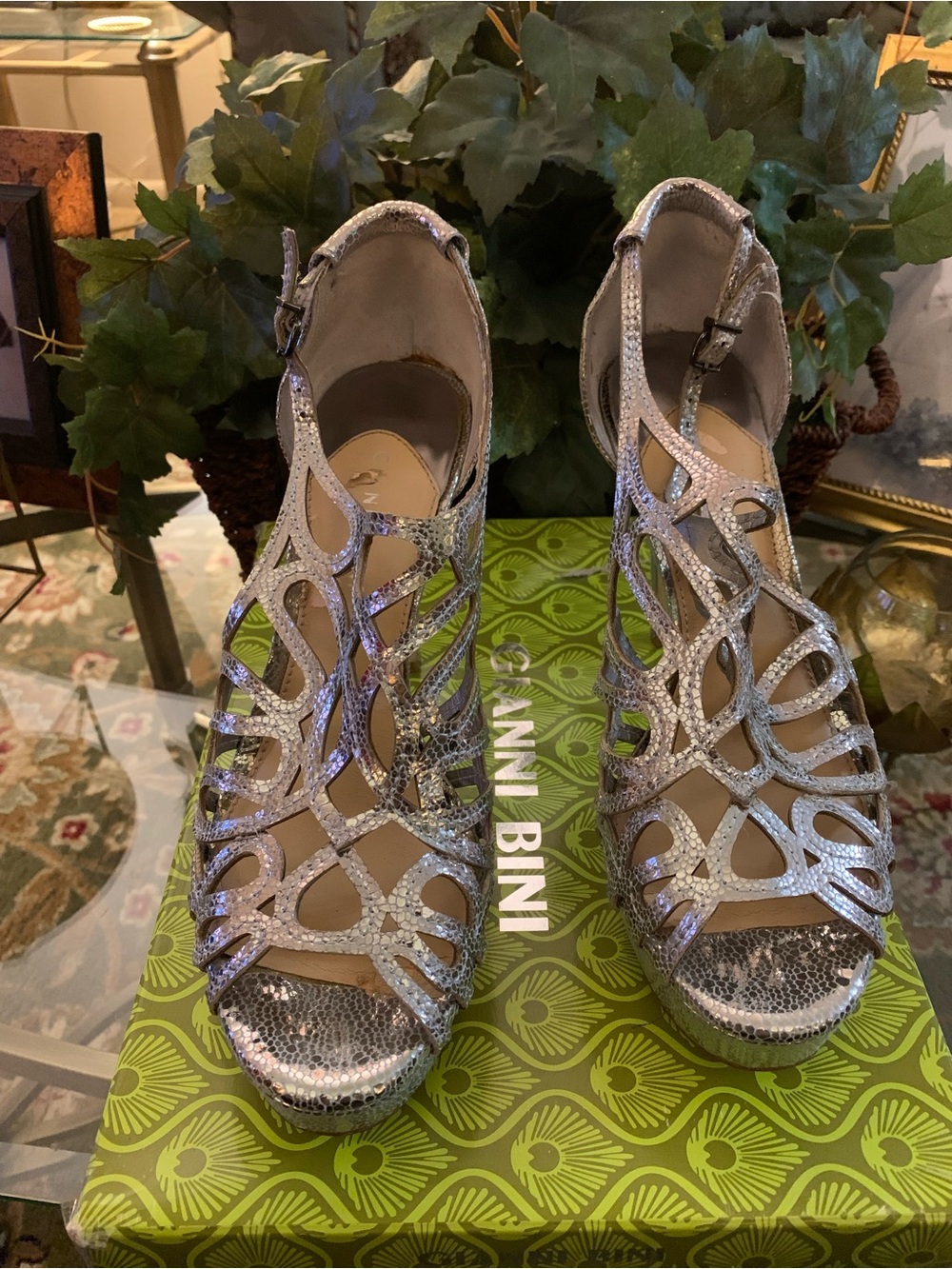 Gianni Bini Silver Glitter Cutout Wedge Sandals